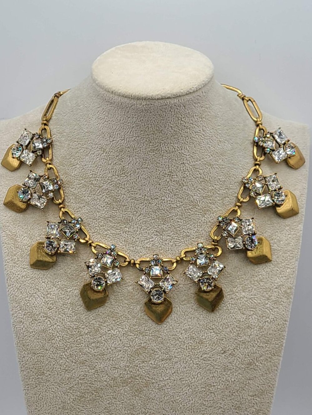 J Crew Gold Tone Clear Crystal Vintage Statement Necklace
